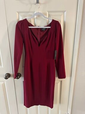 Lulu's Wine-Red Long Sleeve V-Neck Sheath Dress